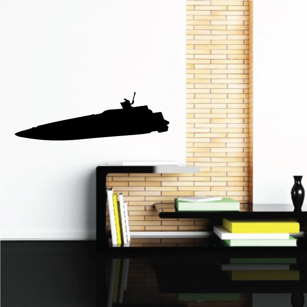 Speedboat silhouette decal, black cutout boat profile with small mast and wake
