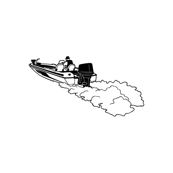 Speedboat wake decal with outlined boat and splashing water trail