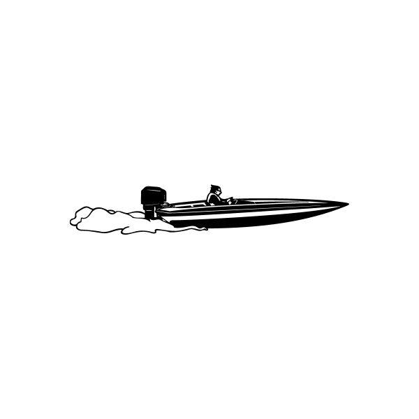 Speedboat decal of a black racing speedboat with white smoke trail