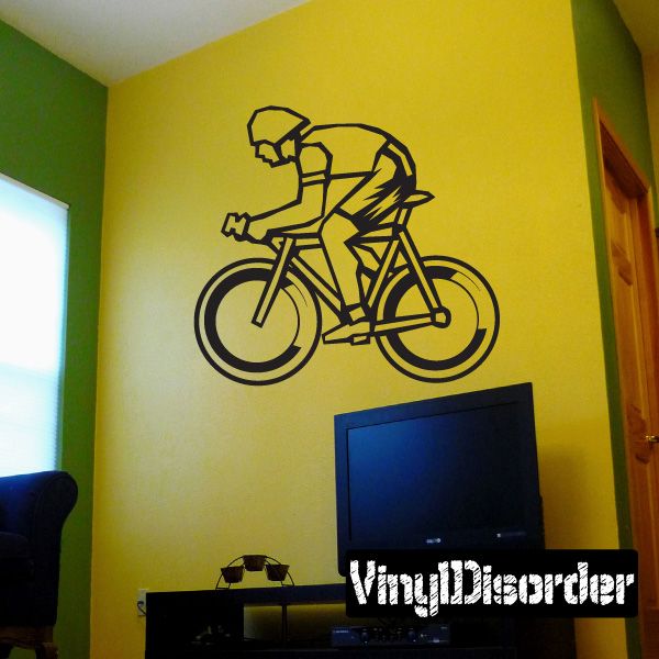 Cyclist pose wall decal with black line art of rider on bicycle