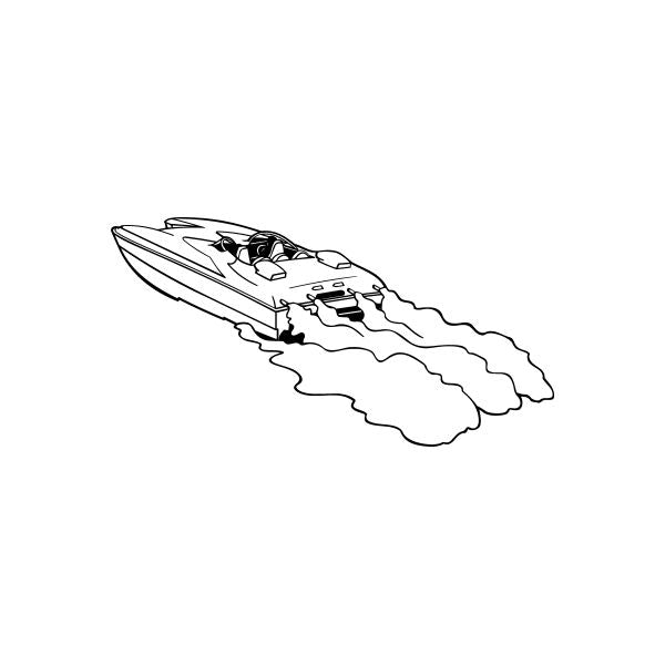 Twin-hull speedboat decal in black line art with white splash details