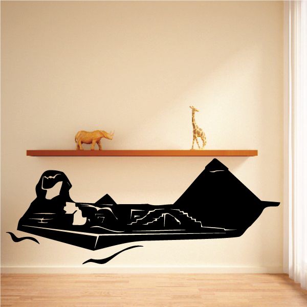 Egyptian cat and pyramid wall decal, black silhouette of pyramid, camel, and desert scene.