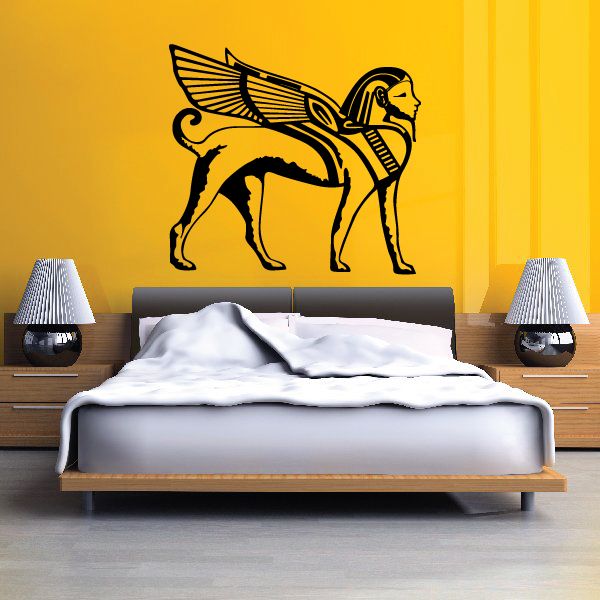 Stylized black Egyptian Sphynx wall decal with wings, vinyl sticker