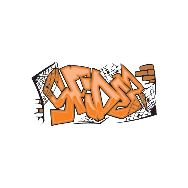 Spider graffiti sticker with orange letters, black web lines, and white accents