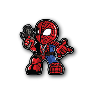 Spider Merc vinyl sticker of a red-and-blue spider warrior in web suit
