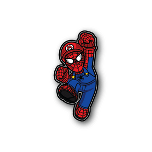 Spider-themed plumber vinyl sticker, red and blue suit with black outline