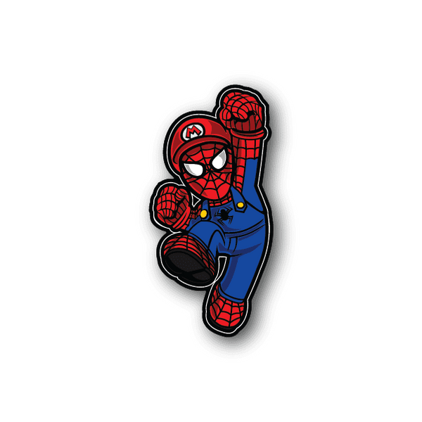 Spider-themed plumber vinyl sticker, red and blue suit with black outline