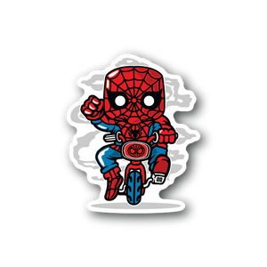 Spider hero minibike vinyl sticker, red and blue character with web pattern