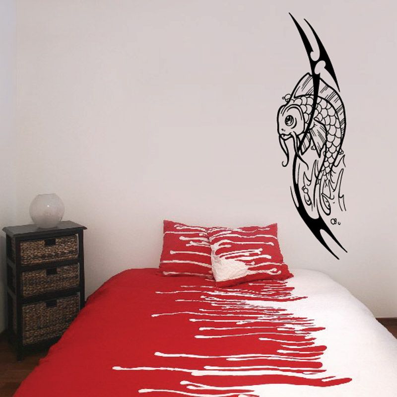 Koi fish wall decal with spiky fins, black line art