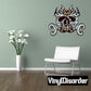 Spined skull sticker with horned skull and ribbon banner, black and red details