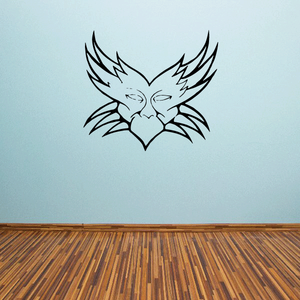 Masquerade mask decal with stylized cat face and winged feather design, black outline