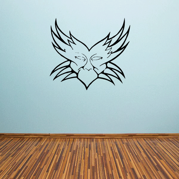 Masquerade mask decal with stylized cat face and winged feather design, black outline
