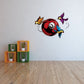 Billiard ball wall sticker with colorful birds circling a red cue ball