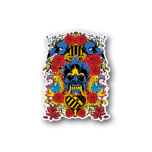 Vinyl sticker: colorful spirit faces with blue characters, red roses, and flame crest