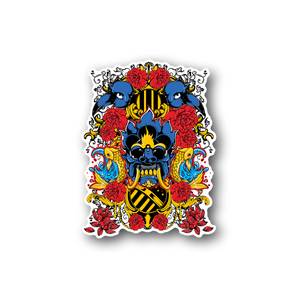 Vinyl sticker: colorful spirit faces with blue characters, red roses, and flame crest