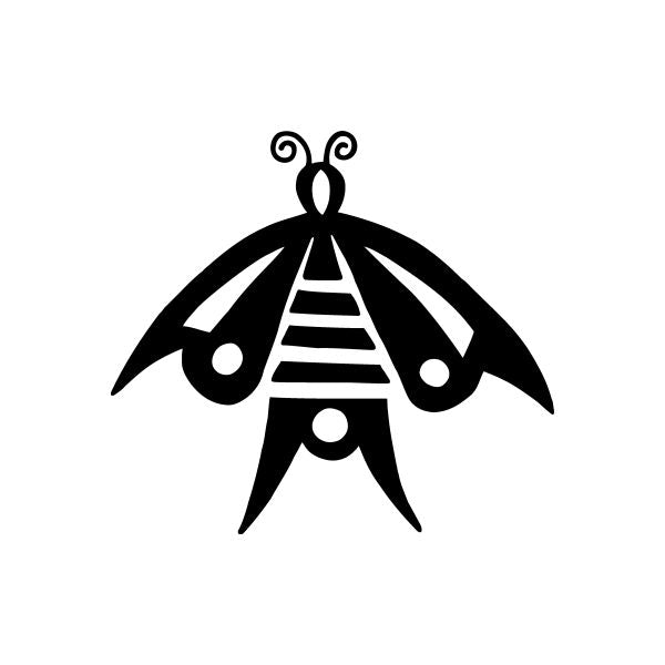 Black native-style butterfly decal with striped body and antenna-like curls