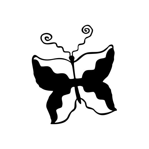 Fluttering butterfly decal, black silhouette with curving body and antenna swirls