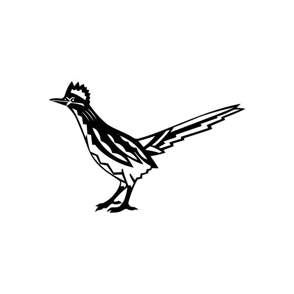 Roadrunner decal, black and white bird silhouette with tribal-style markings