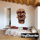 Split head skull sticker, cartoon skull face in dark brown and beige with red eyes