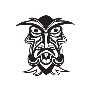 Spooked tiki decal of a black-and-white angry tiki mask face