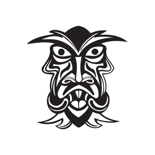 Spooked tiki decal of a black-and-white angry tiki mask face