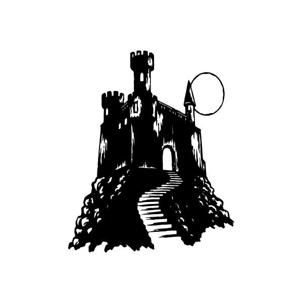 Spooky haunted castle decal, black silhouette with steps and round tower clock