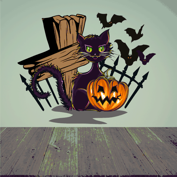 Image of Spooky Cat with Pumpkin and Flying Bats Printed Die Cut Decal