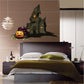 Haunted house wall sticker with green roof and jack-o'-lantern pumpkin