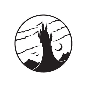 Halloween castle tower decal: black silhouette castle inside a moonlit circle with bats