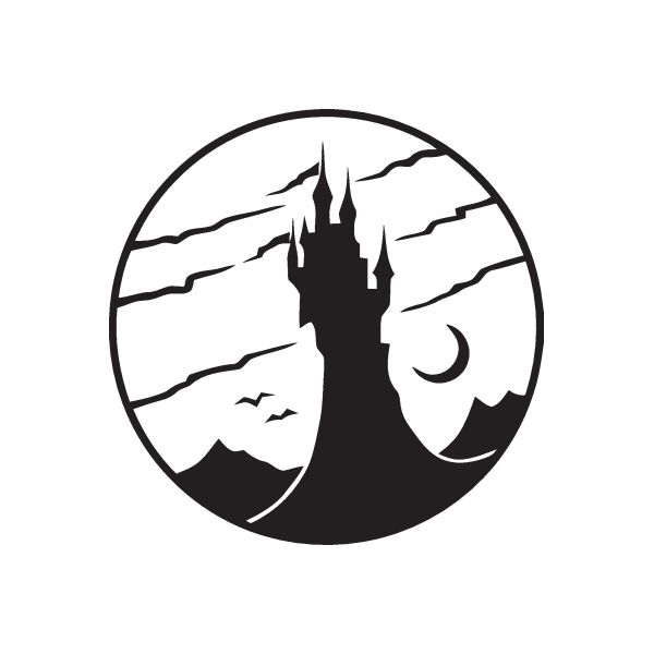Halloween castle tower decal: black silhouette castle inside a moonlit circle with bats