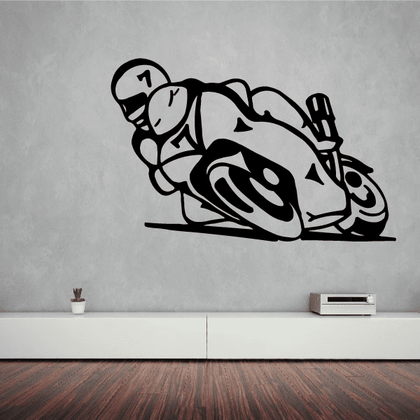 Sport bike racing decal featuring a black and gray motorcycle leaned forward
