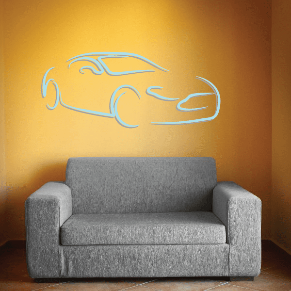 Sports car line drawing sticker in blue, outline design