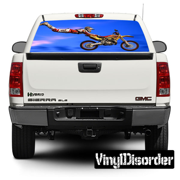 Motorcycle rear window graphic decal with blue background and rider art