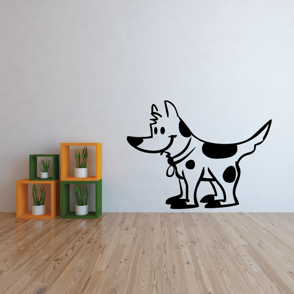 Spotted cartoon dog wall decal, black-outlined white dog with black spots