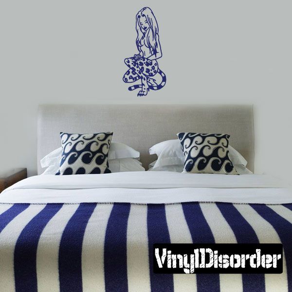 Blue spotted cat girl vinyl decal with seated cat design