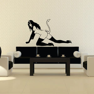 Sprawled devil girl decal, black silhouette with white dress