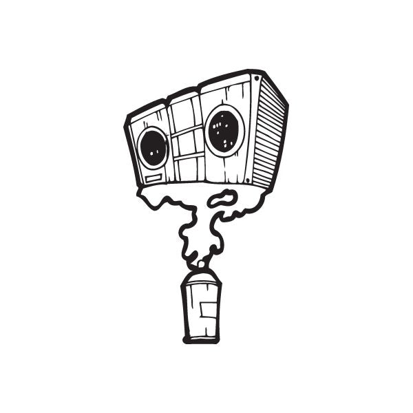 Black outline boombox spray-can style decal with drippy bottom and handle