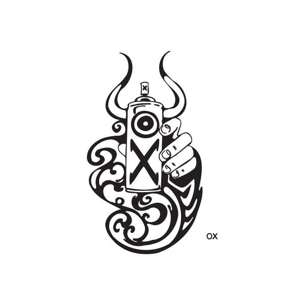 Black bull-shaped decal with ornamental swirl patterns and horned figure