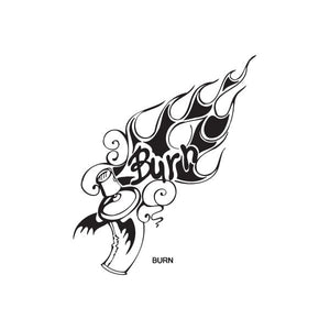 Burn flame skull graphic decal with text BURN, black and white