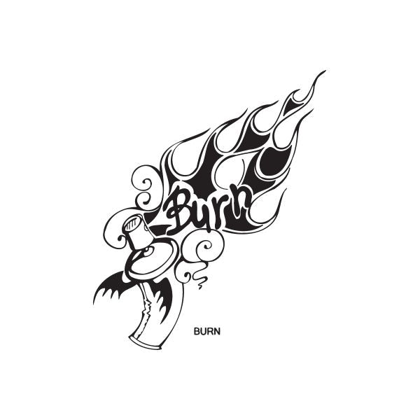 Burn flame skull graphic decal with text BURN, black and white