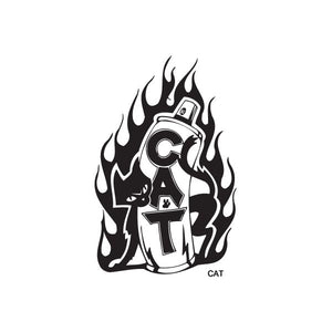Cat decal with black flame outline and helmet graphic