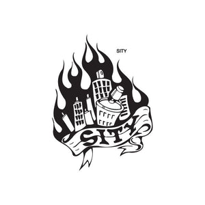 Black city flame sticker decal with building flames and 'SITY' text