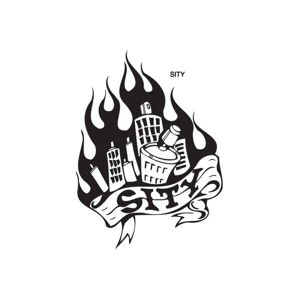 Black city flame sticker decal with building flames and 'SITY' text
