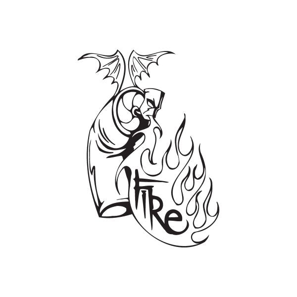 Dragon decal sticker with black line art, wings spread and flame detailing