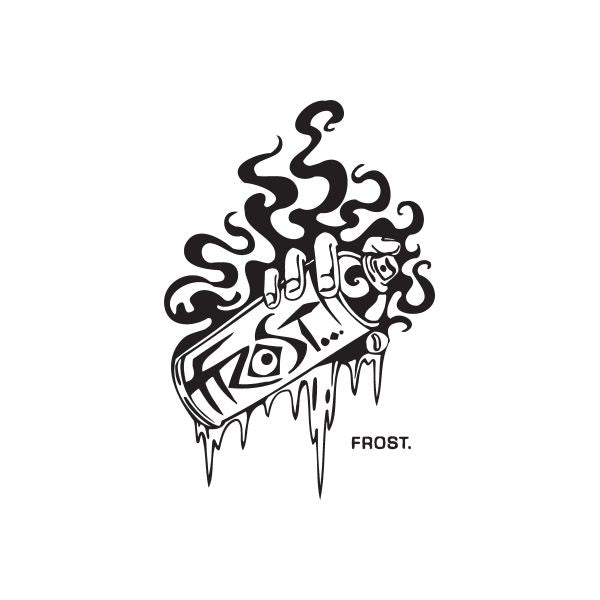 Frost spray paint decal, black graffiti flame/face design with drips and FROST text