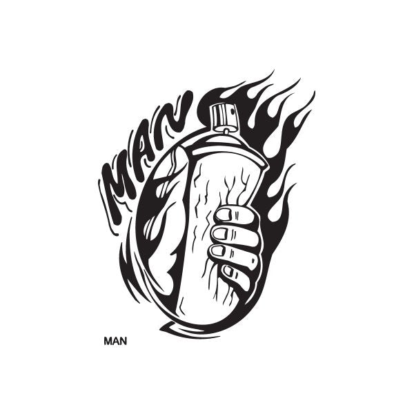 Spray paint man decal, black-and-white hand holding spray can with flames