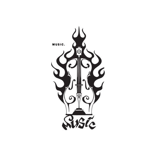 Music spray paint can decal with flame-like guitar and musical text, black and white.