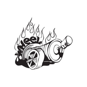 Spray paint can wheel decal with flames and skull graphic, black and white