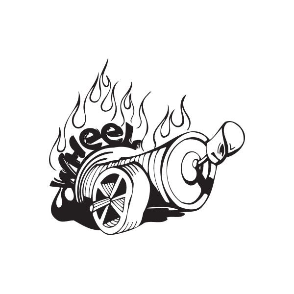 Spray paint can wheel decal with flames and skull graphic, black and white
