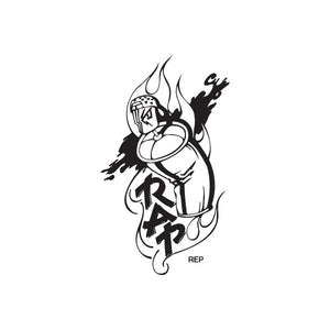 Rapper spray can vinyl decal with flame and black graphic illustration